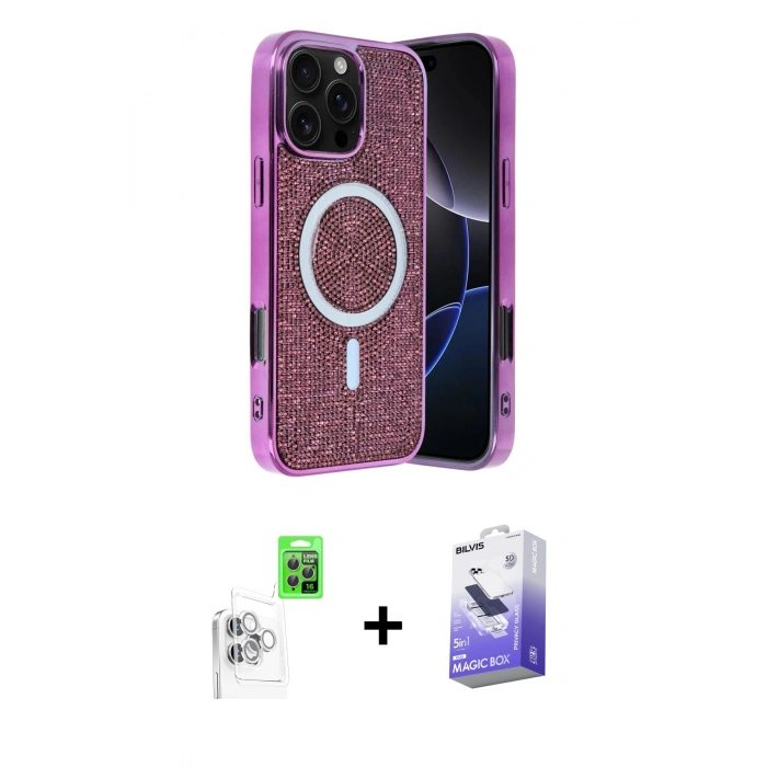 MARSİLYAN™- iPhone 16 Pro Kılıf Eksen Çizgi - Siyah Bilvis 5in1 5D Magic Hayalet Cam Ekran Koruyucu + Raze Metal Kamera Lens - BZ