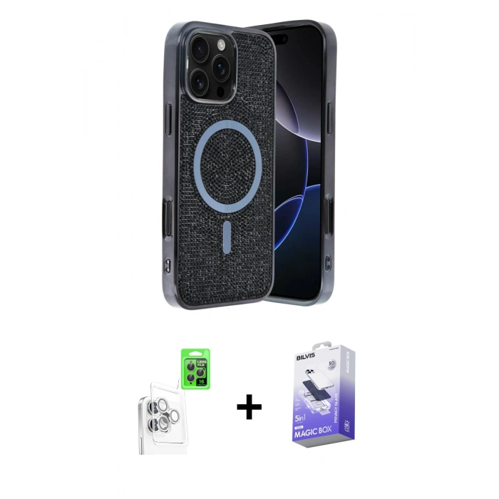 MARSİLYAN™- iPhone 16 Pro Kılıf Eksen Çizgi - Siyah Bilvis 5in1 5D Magic Hayalet Cam Ekran Koruyucu + Raze Metal Kamera Lens - BZ