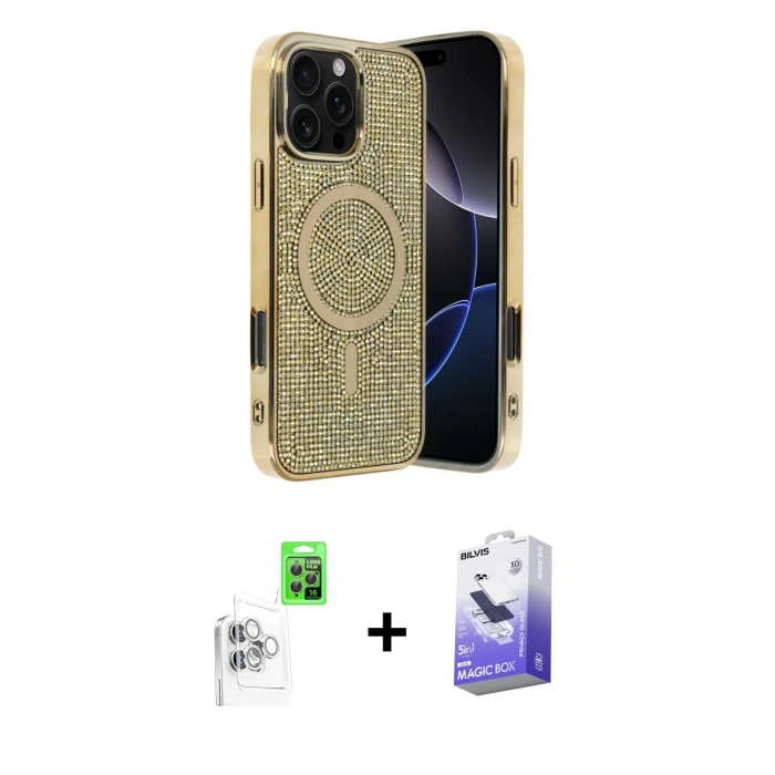 MARSİLYAN™- iPhone 16 Pro Kılıf Eksen Çizgi - Siyah Bilvis 5in1 5D Magic Hayalet Cam Ekran Koruyucu + Raze Metal Kamera Lens - BZ