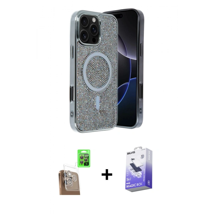MARSİLYAN™- iPhone 16 Pro Kılıf Eksen Çizgi - Siyah Bilvis 5in1 5D Magic Hayalet Cam Ekran Koruyucu + Raze Metal Kamera Lens - CLTM