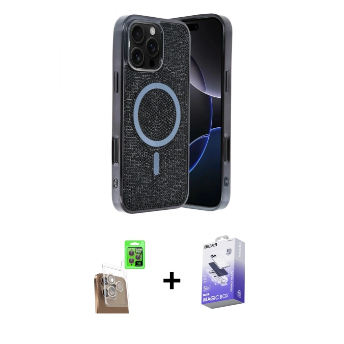 MARSİLYAN™- iPhone 16 Pro Kılıf Eksen Çizgi - Siyah Bilvis 5in1 5D Magic Hayalet Cam Ekran Koruyucu + Raze Metal Kamera Lens - CLTM