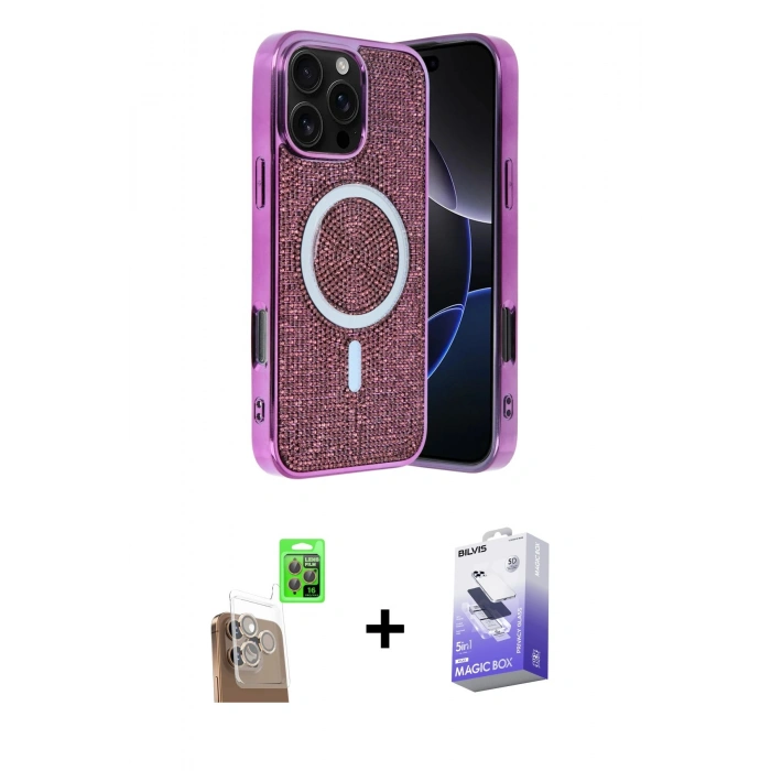 MARSİLYAN™- iPhone 16 Pro Kılıf Eksen Çizgi - Siyah Bilvis 5in1 5D Magic Hayalet Cam Ekran Koruyucu + Raze Metal Kamera Lens - CLTM