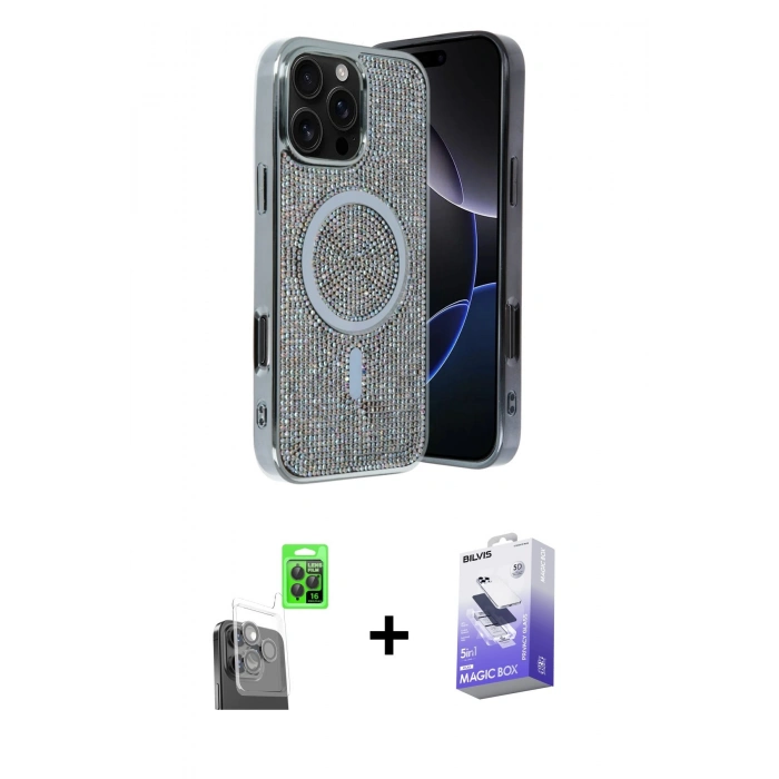 MARSİLYAN™- iPhone 16 Pro Kılıf Eksen Çizgi - Siyah Bilvis 5in1 5D Magic Hayalet Cam Ekran Koruyucu + Siyah Raze Metal Kamera Lens