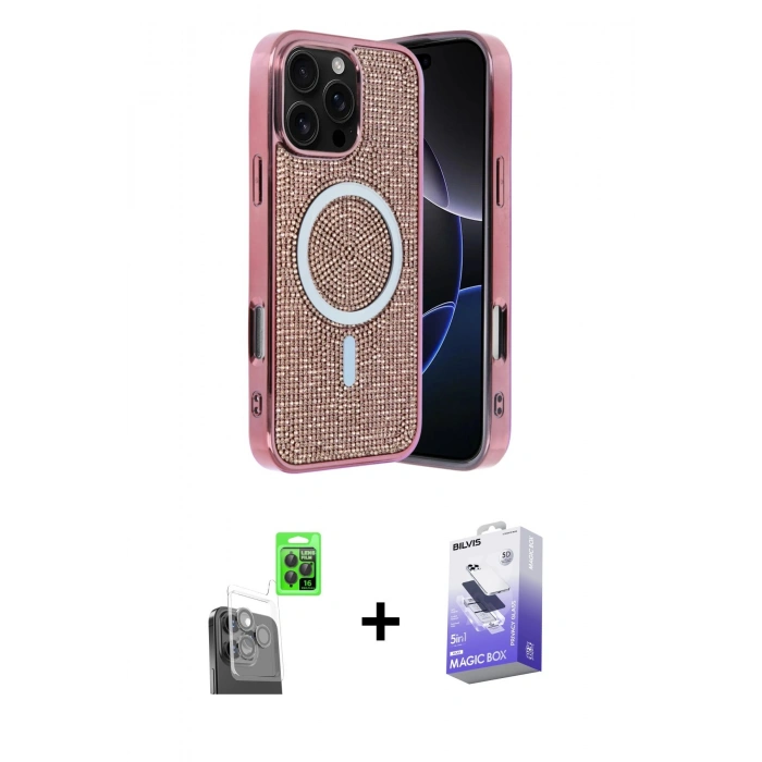 MARSİLYAN™- iPhone 16 Pro Kılıf Eksen Çizgi - Siyah Bilvis 5in1 5D Magic Hayalet Cam Ekran Koruyucu + Siyah Raze Metal Kamera Lens
