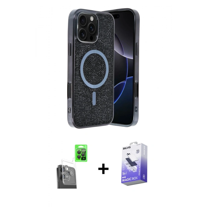 MARSİLYAN™- iPhone 16 Pro Kılıf Eksen Çizgi - Siyah Bilvis 5in1 5D Magic Hayalet Cam Ekran Koruyucu + Siyah Raze Metal Kamera Lens