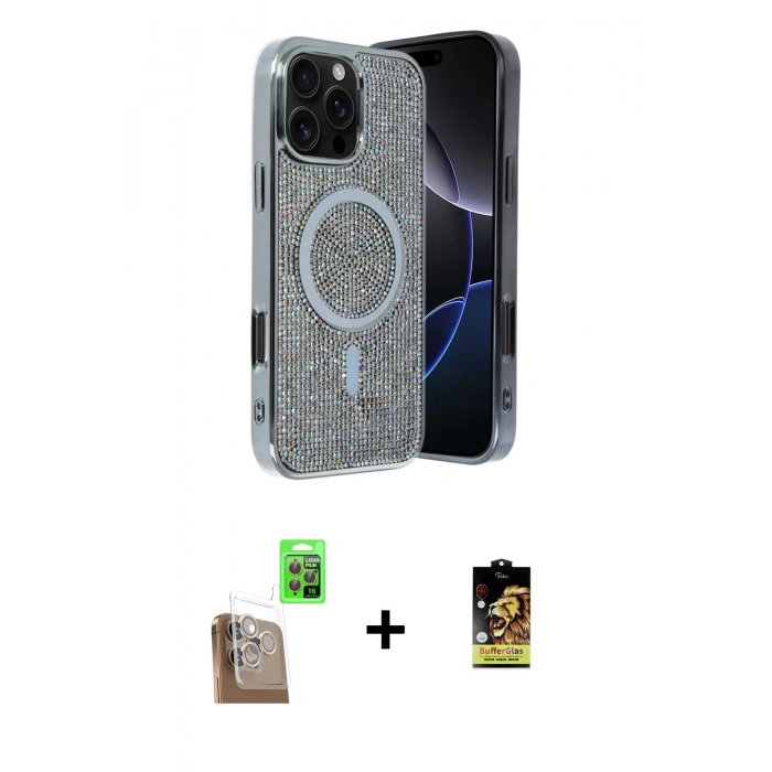 MARSİLYAN™- iPhone 16 Pro Kılıf Eksen Çizgi - Siyah Buffer Cam Ekran Koruyucu + Raze Metal Kamera Lens - CLTM