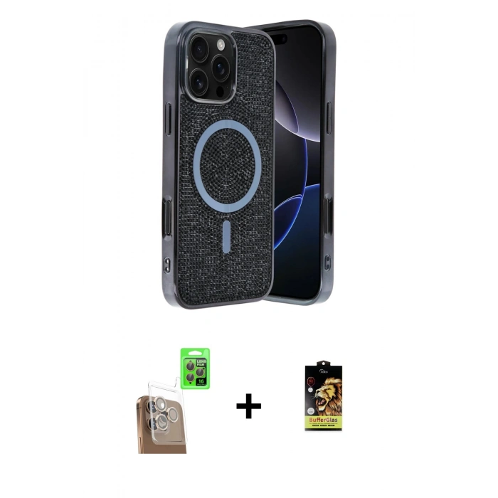 MARSİLYAN™- iPhone 16 Pro Kılıf Eksen Çizgi - Siyah Buffer Cam Ekran Koruyucu + Raze Metal Kamera Lens - CLTM