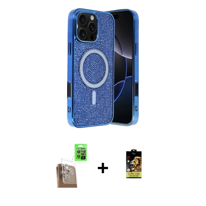 MARSİLYAN™- iPhone 16 Pro Kılıf Eksen Çizgi - Siyah Buffer Cam Ekran Koruyucu + Raze Metal Kamera Lens - CLTM