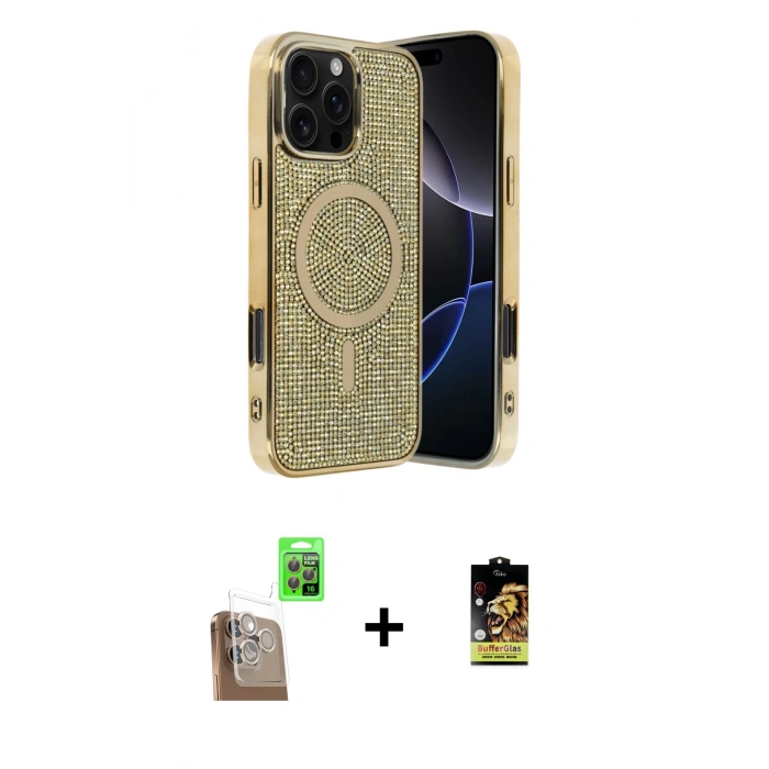 MARSİLYAN™- iPhone 16 Pro Kılıf Eksen Çizgi - Siyah Buffer Cam Ekran Koruyucu + Raze Metal Kamera Lens - CLTM
