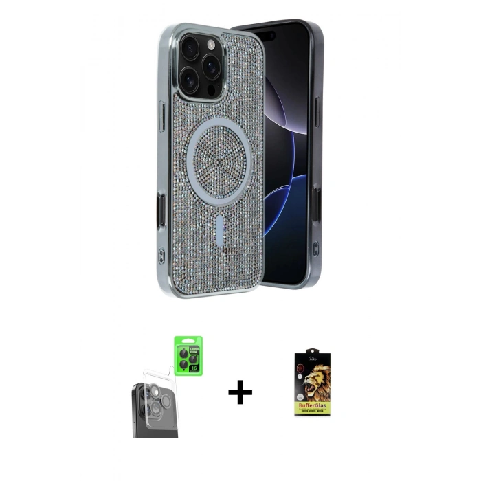 MARSİLYAN™- iPhone 16 Pro Kılıf Eksen Çizgi - Siyah Buffer Cam Ekran Koruyucu + Raze Metal Kamera Lens - SH