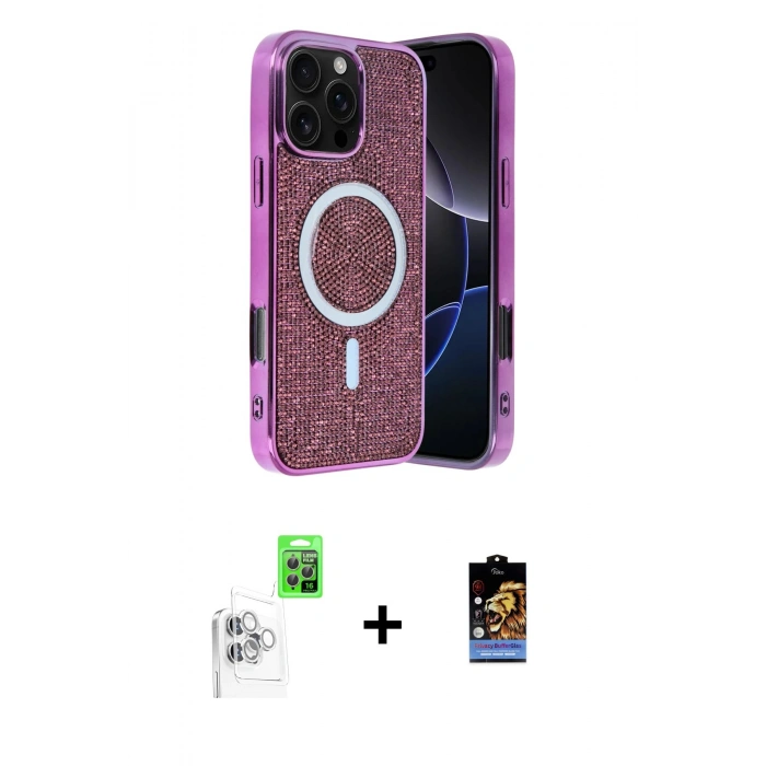 MARSİLYAN™- iPhone 16 Pro Kılıf Eksen Çizgi - Siyah Buffer Hayalet Cam Ekran Koruyucu + Raze Metal Kamera Lens - BZ
