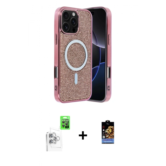 MARSİLYAN™- iPhone 16 Pro Kılıf Eksen Çizgi - Siyah Buffer Hayalet Cam Ekran Koruyucu + Raze Metal Kamera Lens - BZ