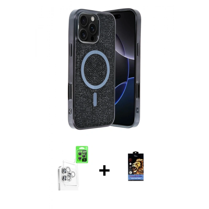 MARSİLYAN™- iPhone 16 Pro Kılıf Eksen Çizgi - Siyah Buffer Hayalet Cam Ekran Koruyucu + Raze Metal Kamera Lens - BZ