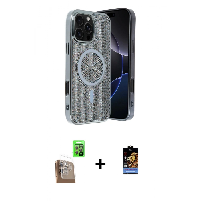 MARSİLYAN™- iPhone 16 Pro Kılıf Eksen Çizgi - Siyah Buffer Hayalet Cam Ekran Koruyucu + Raze Metal Kamera Lens - CLTM