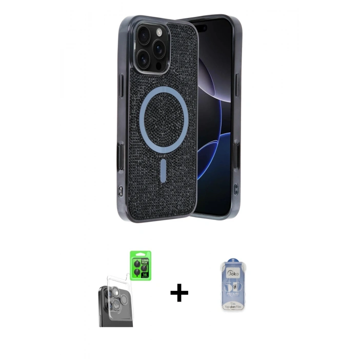 MARSİLYAN™- iPhone 16 Pro Kılıf Eksen Çizgi - Siyah Joko Magic 5D Cam + Siyah Raze Metal Kamera Lens