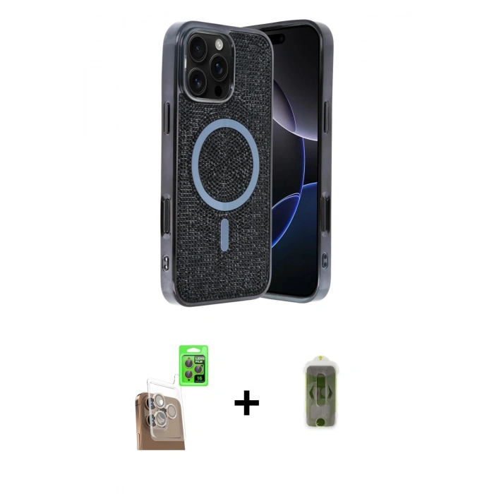 MARSİLYAN™- iPhone 16 Pro Kılıf Eksen Çizgi - Siyah Joko Magic 5D Hayalet Cam + Raze Metal Kamera Lens - CLTM
