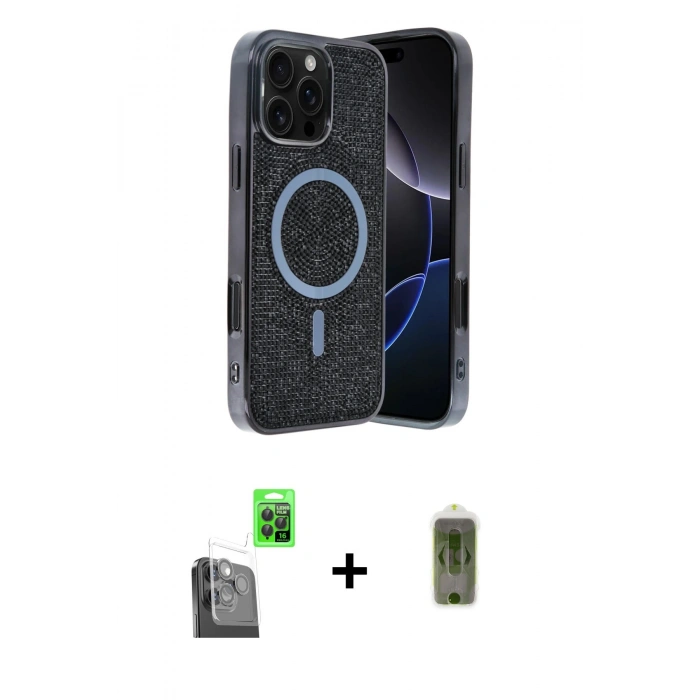 MARSİLYAN™- iPhone 16 Pro Kılıf Eksen Çizgi - Siyah Joko Magic 5D Hayalet Cam + Raze Metal Kamera Lens - SH
