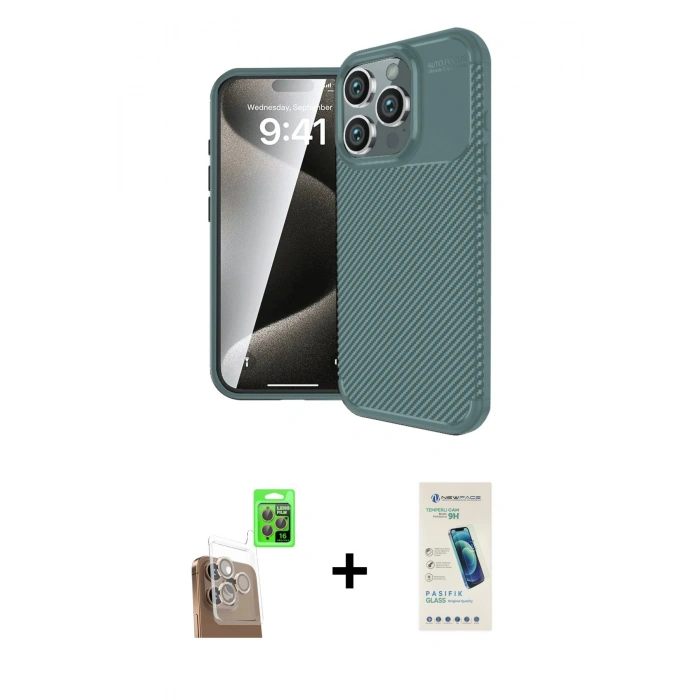 MARSİLYAN™- iPhone 16 Pro Kılıf Eksen Form Prime - Şeffaf Pasifik Cam Ekran Koruyucu + Raze Metal Kamera Lens - CLTM
