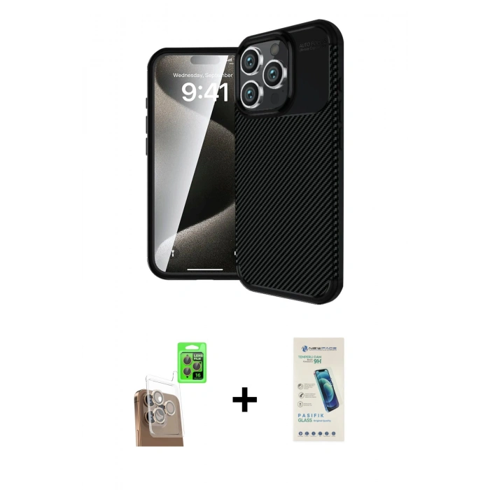 MARSİLYAN™- iPhone 16 Pro Kılıf Eksen Form Prime - Şeffaf Pasifik Cam Ekran Koruyucu + Raze Metal Kamera Lens - CLTM