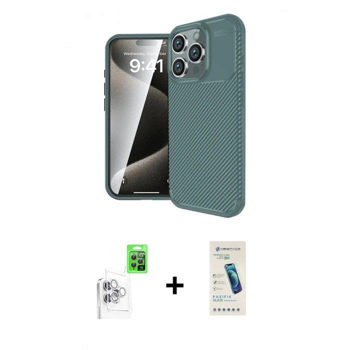 MARSİLYAN™- iPhone 16 Pro Kılıf Eksen Form Prime - Şeffaf Pasifik Cam Ekran Koruyucu + Raze Metal Kamera Lens - BZ