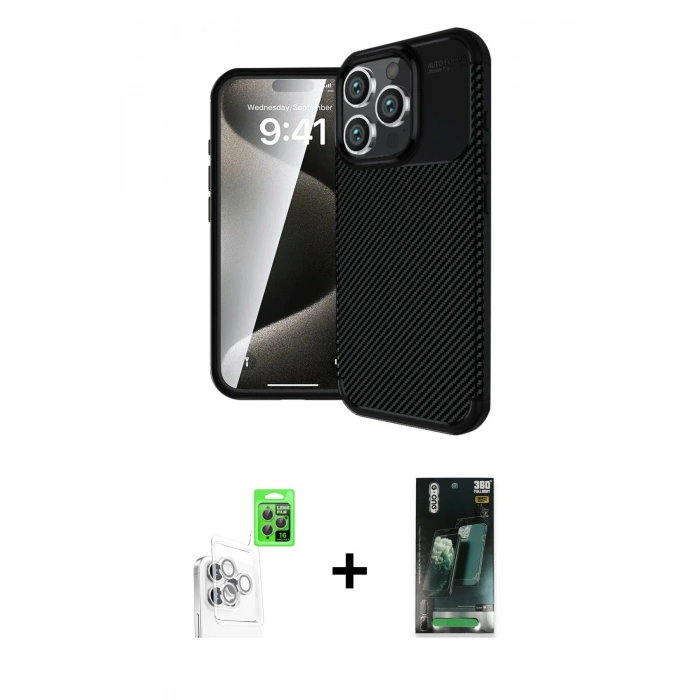 MARSİLYAN™- iPhone 16 Pro Kılıf Eksen Form Prime - Siyah 360 Mat Full Body Arka Koruyucu + Raze Metal Kamera Lens - BZ