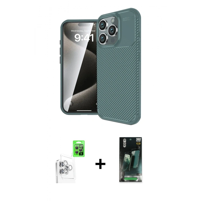 MARSİLYAN™- iPhone 16 Pro Kılıf Eksen Form Prime - Siyah 360 Mat Full Body Arka Koruyucu + Raze Metal Kamera Lens - BZ