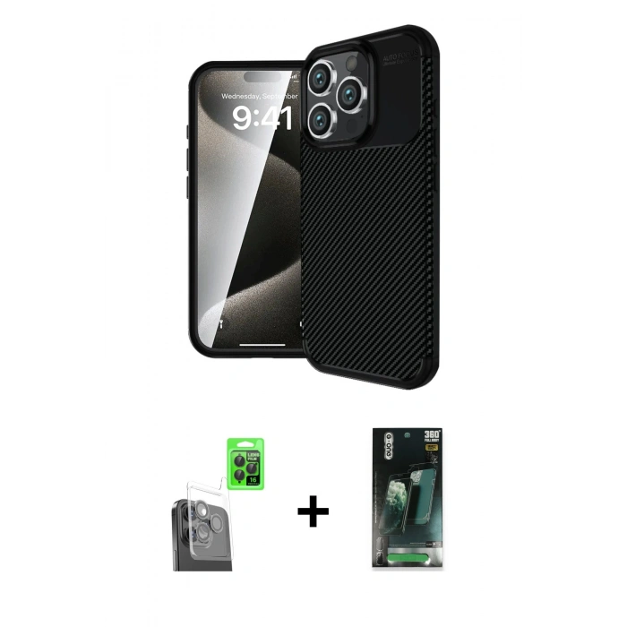 MARSİLYAN™- iPhone 16 Pro Kılıf Eksen Form Prime - Siyah 360 Mat Full Body Arka Koruyucu + Raze Metal Kamera Lens - SH
