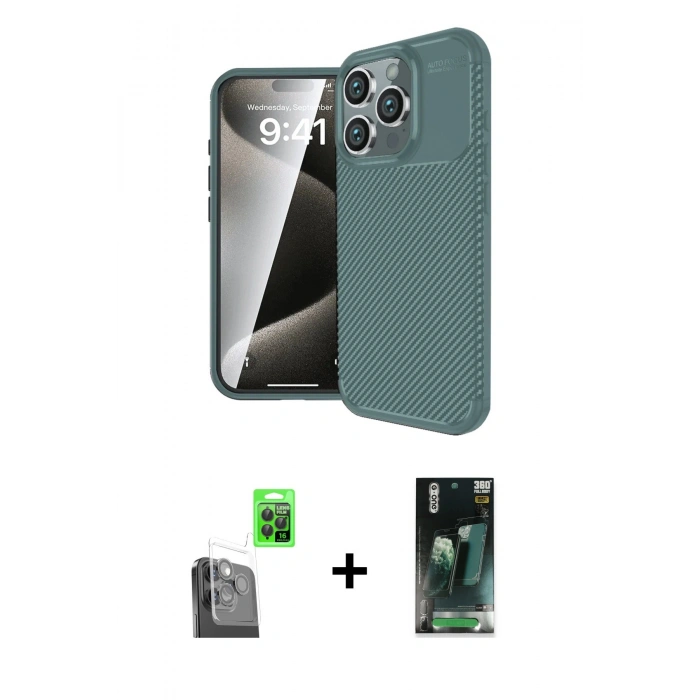 MARSİLYAN™- iPhone 16 Pro Kılıf Eksen Form Prime - Siyah 360 Mat Full Body Arka Koruyucu + Raze Metal Kamera Lens - SH