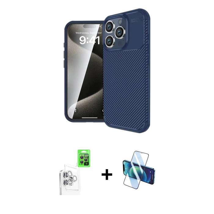 MARSİLYAN™- iPhone 16 Pro Kılıf Eksen Form Prime - Siyah 3D Antistatik Cam Ekran Koruyucu + Beyaz Raze Metal Kamera Lens