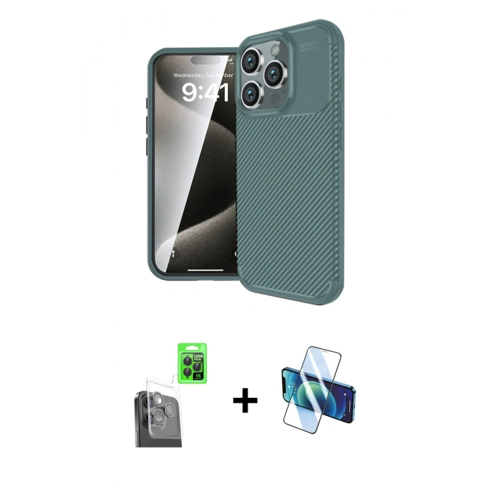MARSİLYAN™- iPhone 16 Pro Kılıf Eksen Form Prime - Siyah 3D Antistatik Cam Ekran Koruyucu + Siyah Raze Metal Kamera Lens
