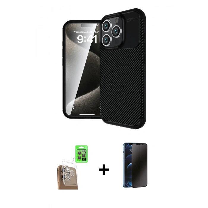 MARSİLYAN™- iPhone 16 Pro Kılıf Eksen Form Prime - Siyah 3D Antistatik Hayalet Cam Ekran Koruyucu + Raze Metal Kamera Lens - CLTM