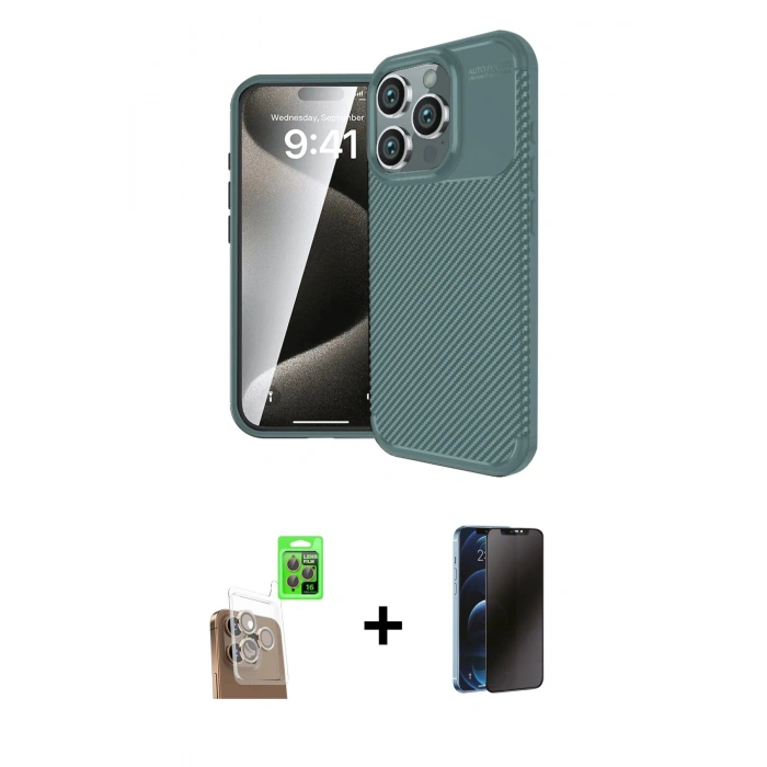 MARSİLYAN™- iPhone 16 Pro Kılıf Eksen Form Prime - Siyah 3D Antistatik Hayalet Cam Ekran Koruyucu + Raze Metal Kamera Lens - CLTM