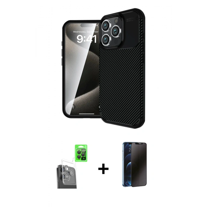 MARSİLYAN™- iPhone 16 Pro Kılıf Eksen Form Prime - Siyah 3D Antistatik Hayalet Cam Ekran Koruyucu + Raze Metal Kamera Lens - SH