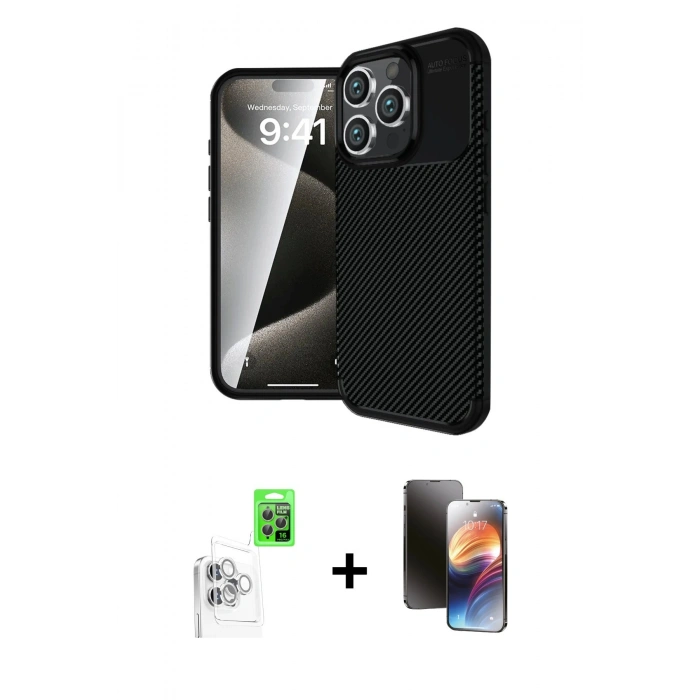 MARSİLYAN™- iPhone 16 Pro Kılıf Eksen Form Prime - Siyah 3D Antistatik Mat Seramik Nano Ekran Koruyucu + Raze Metal Kamera Lens - BZ