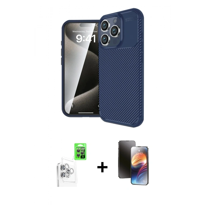 MARSİLYAN™- iPhone 16 Pro Kılıf Eksen Form Prime - Siyah 3D Antistatik Mat Seramik Nano Ekran Koruyucu + Raze Metal Kamera Lens - BZ