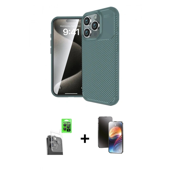 MARSİLYAN™- iPhone 16 Pro Kılıf Eksen Form Prime - Siyah 3D Antistatik Mat Seramik Nano Ekran Koruyucu + Raze Metal Kamera Lens - SH