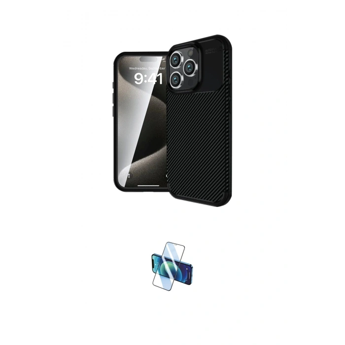 MARSİLYAN™- iPhone 16 Pro Kılıf Eksen Form Prime - Siyah 3D Antistatik Seramik Nano Ekran Koruyucu