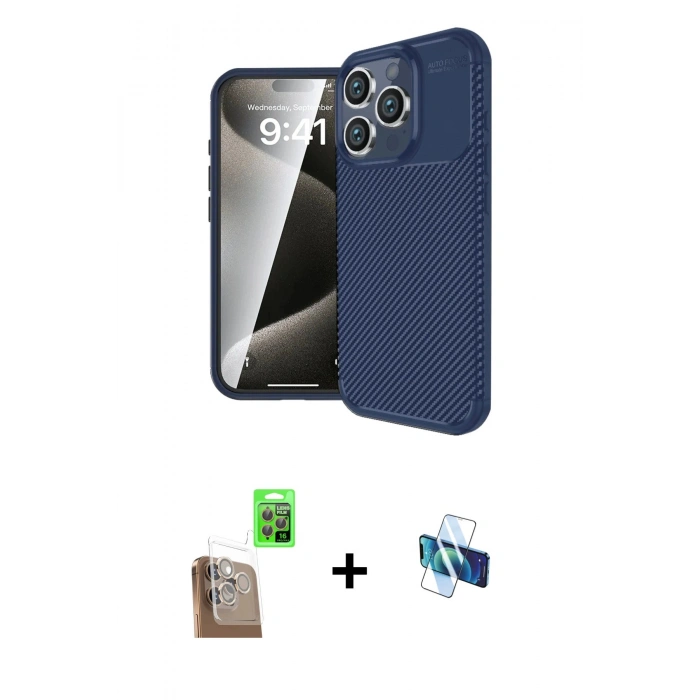 MARSİLYAN™- iPhone 16 Pro Kılıf Eksen Form Prime - Siyah 3D Antistatik Seramik Nano Ekran Koruyucu + Çöl Titanyum Raze Metal Kamera Lens