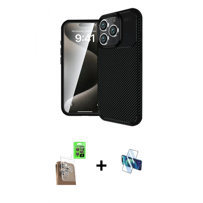 MARSİLYAN™- iPhone 16 Pro Kılıf Eksen Form Prime - Siyah 3D Antistatik Seramik Nano Ekran Koruyucu + Çöl Titanyum Raze Metal Kamera Lens