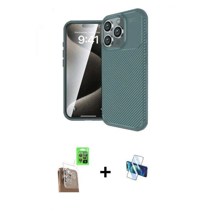 MARSİLYAN™- iPhone 16 Pro Kılıf Eksen Form Prime - Siyah 3D Antistatik Seramik Nano Ekran Koruyucu + Çöl Titanyum Raze Metal Kamera Lens