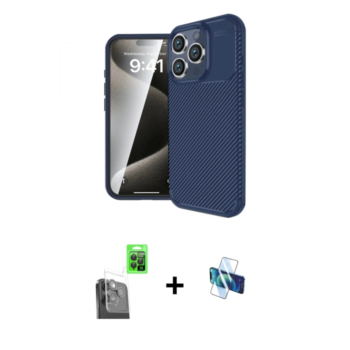 MARSİLYAN™- iPhone 16 Pro Kılıf Eksen Form Prime - Siyah 3D Antistatik Seramik Nano Ekran Koruyucu + Raze Metal Kamera Lens - SH