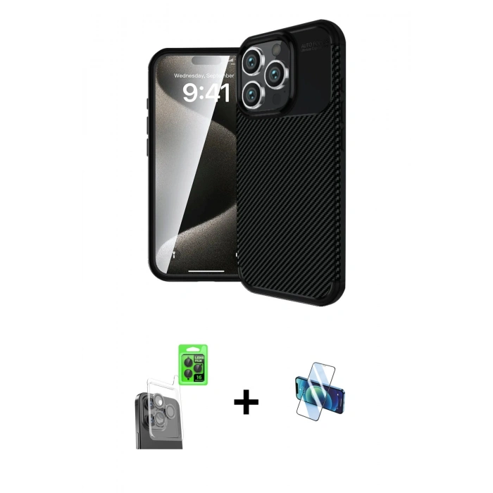 MARSİLYAN™- iPhone 16 Pro Kılıf Eksen Form Prime - Siyah 3D Antistatik Seramik Nano Ekran Koruyucu + Raze Metal Kamera Lens - SH