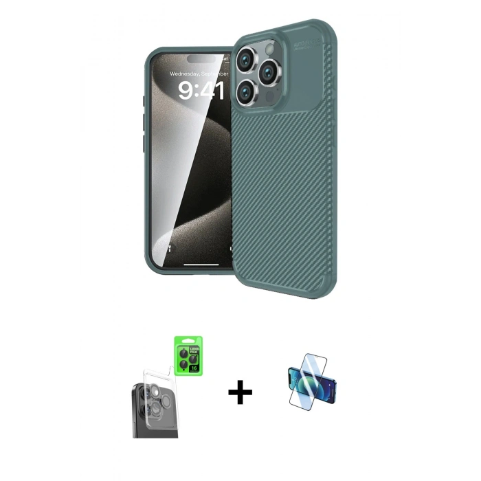 MARSİLYAN™- iPhone 16 Pro Kılıf Eksen Form Prime - Siyah 3D Antistatik Seramik Nano Ekran Koruyucu + Raze Metal Kamera Lens - SH