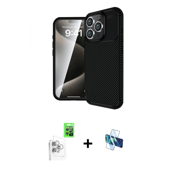 MARSİLYAN™- iPhone 16 Pro Kılıf Eksen Form Prime - Siyah 3D Antistatik Seramik Nano Ekran Koruyucu + Raze Metal Kamera Lens - BZ