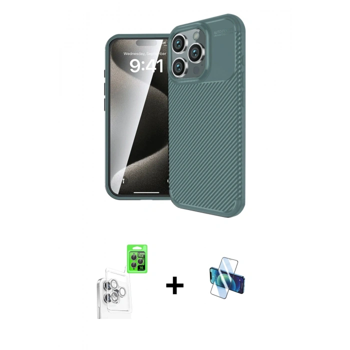 MARSİLYAN™- iPhone 16 Pro Kılıf Eksen Form Prime - Siyah 3D Antistatik Seramik Nano Ekran Koruyucu + Raze Metal Kamera Lens - BZ
