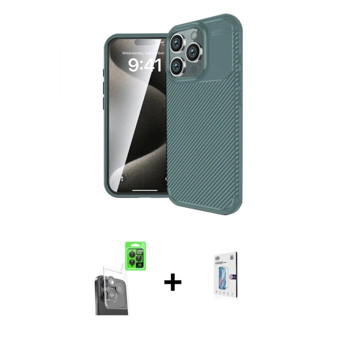 MARSİLYAN™- iPhone 16 Pro Kılıf Eksen Form Prime - Siyah Bilvis 0.18mm Plus Cam Ekran Koruyucu + Raze Metal Kamera Lens - SH