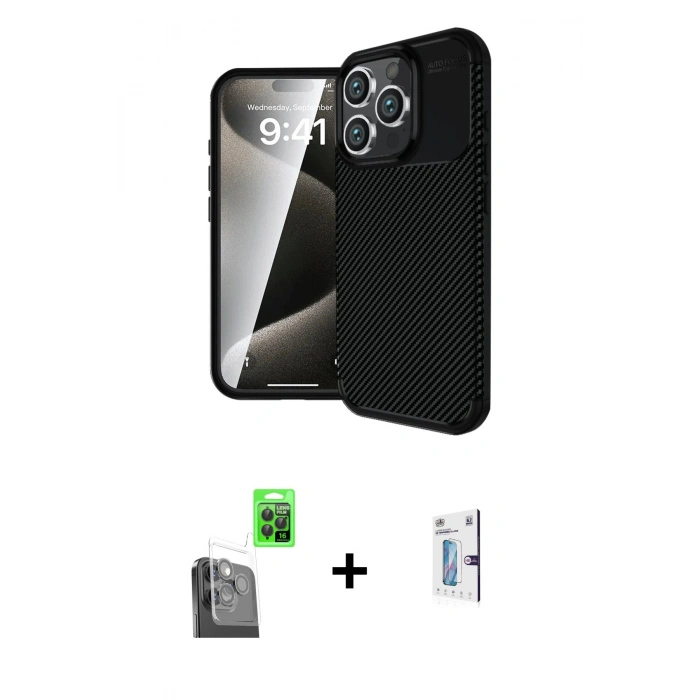 MARSİLYAN™- iPhone 16 Pro Kılıf Eksen Form Prime - Siyah Bilvis 0.18mm Plus Cam Ekran Koruyucu + Raze Metal Kamera Lens - SH
