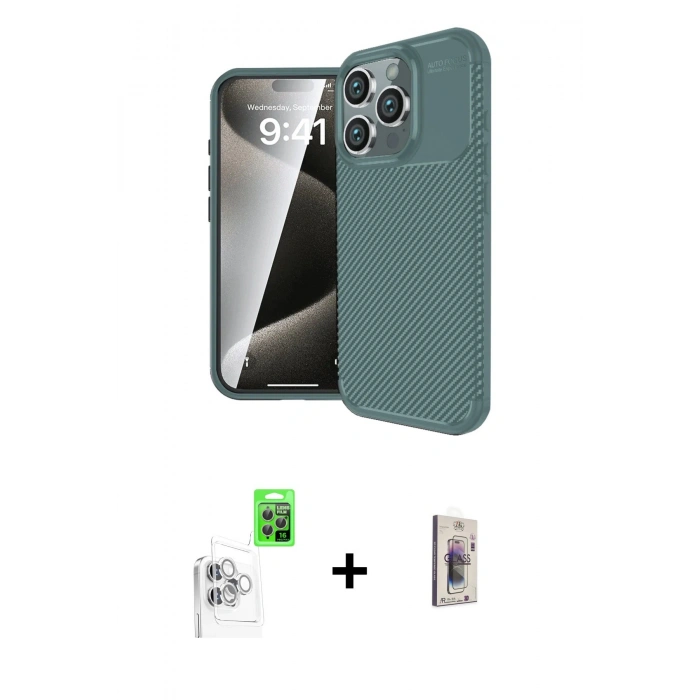 MARSİLYAN™- iPhone 16 Pro Kılıf Eksen Form Prime - Siyah Bilvis 3D Cam Ekran Koruyucu + Raze Metal Kamera Lens - BZ