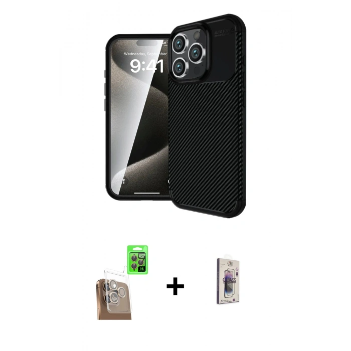 MARSİLYAN™- iPhone 16 Pro Kılıf Eksen Form Prime - Siyah Bilvis 3D Cam Ekran Koruyucu + Raze Metal Kamera Lens - CLTM