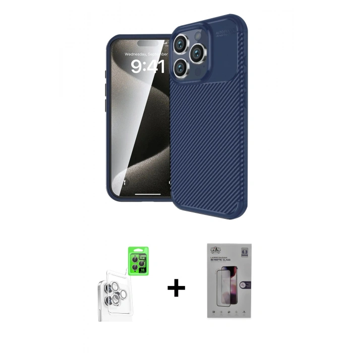 MARSİLYAN™- iPhone 16 Pro Kılıf Eksen Form Prime - Siyah Bilvis 3D Mat Cam Ekran Koruyucu + Raze Metal Kamera Lens - BZ